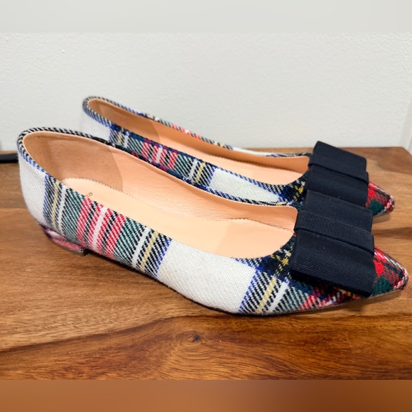 J. Crew Shoes - J. Crew Red/White Plaid Flats Black Bow Size 7 Snowy Tartan NWOT Old Money
